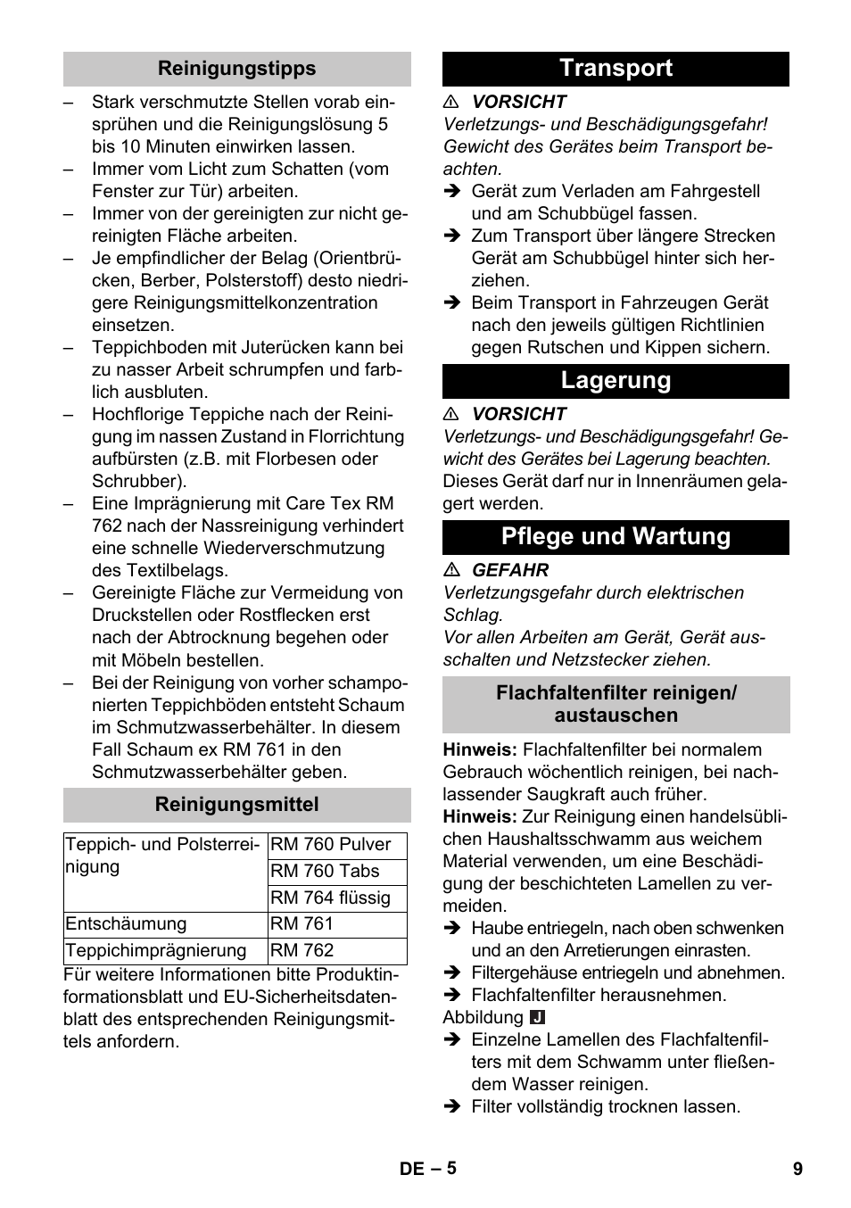 Reinigungstipps, Reinigungsmittel, Transport | Lagerung, Pflege und wartung, Flachfaltenfilter reinigen/ austauschen, Transport lagerung pflege und wartung | Karcher PUZZI 30-4 User Manual | Page 9 / 232