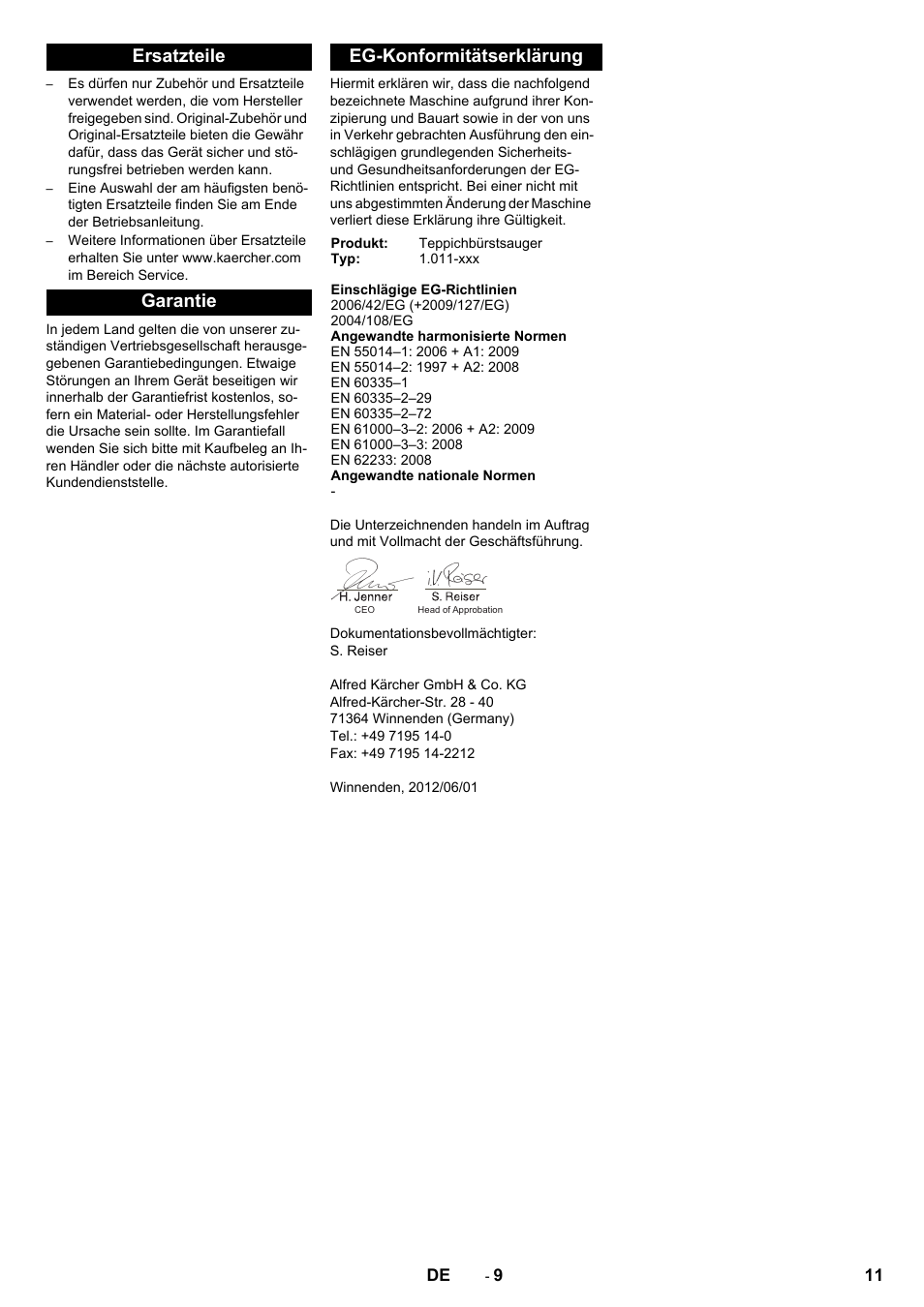 Ersatzteile garantie eg-konformitätserklärung | Karcher CV 60-2 RS User Manual | Page 11 / 250