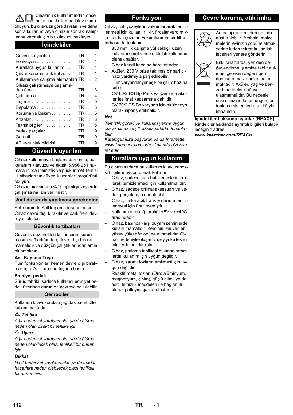 Türkçe, Içindekiler, Güvenlik uyarıları | Karcher CV 60-2 RS User Manual | Page 112 / 250