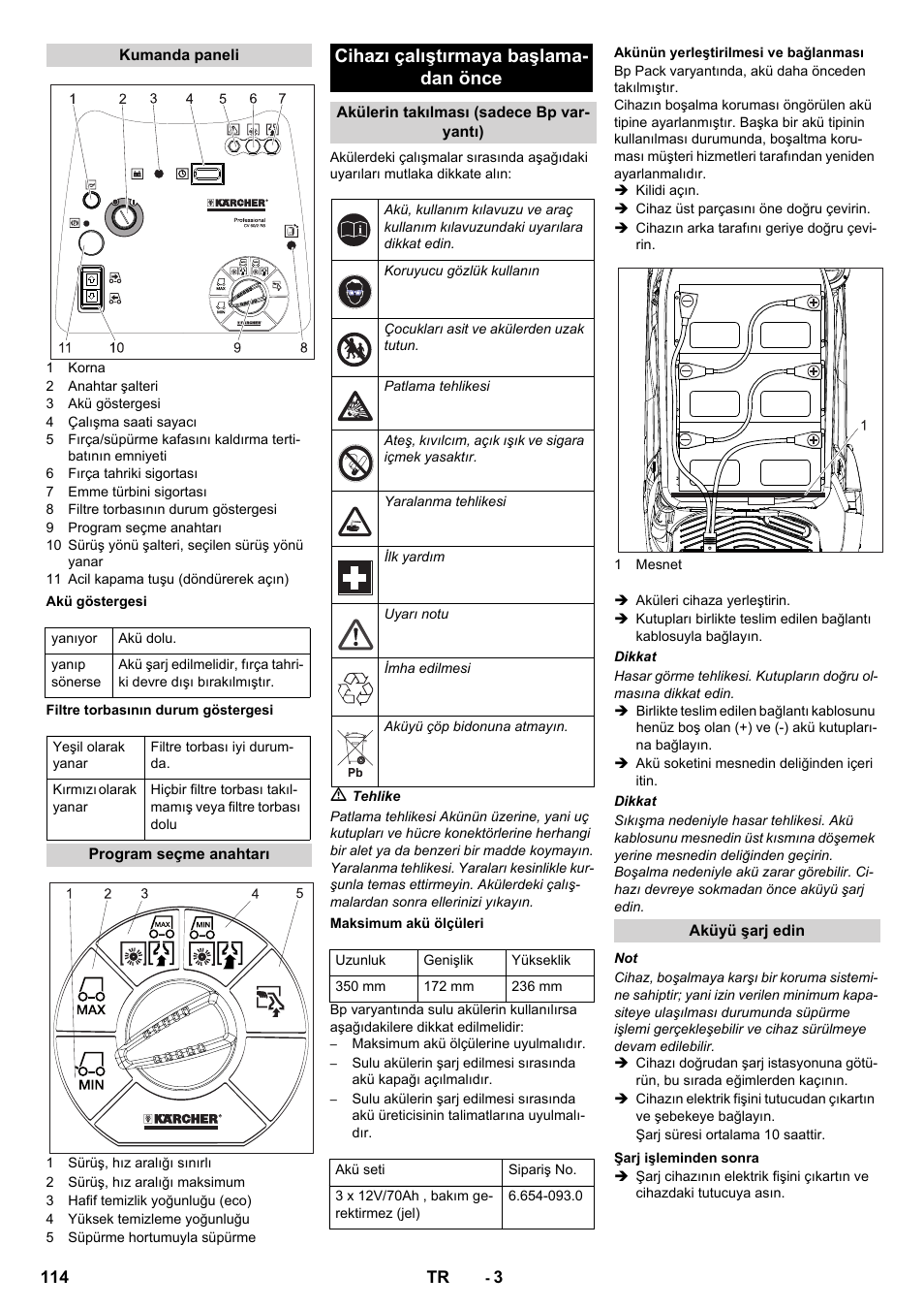 Cihazı çalıştırmaya başlama- dan önce | Karcher CV 60-2 RS User Manual | Page 114 / 250