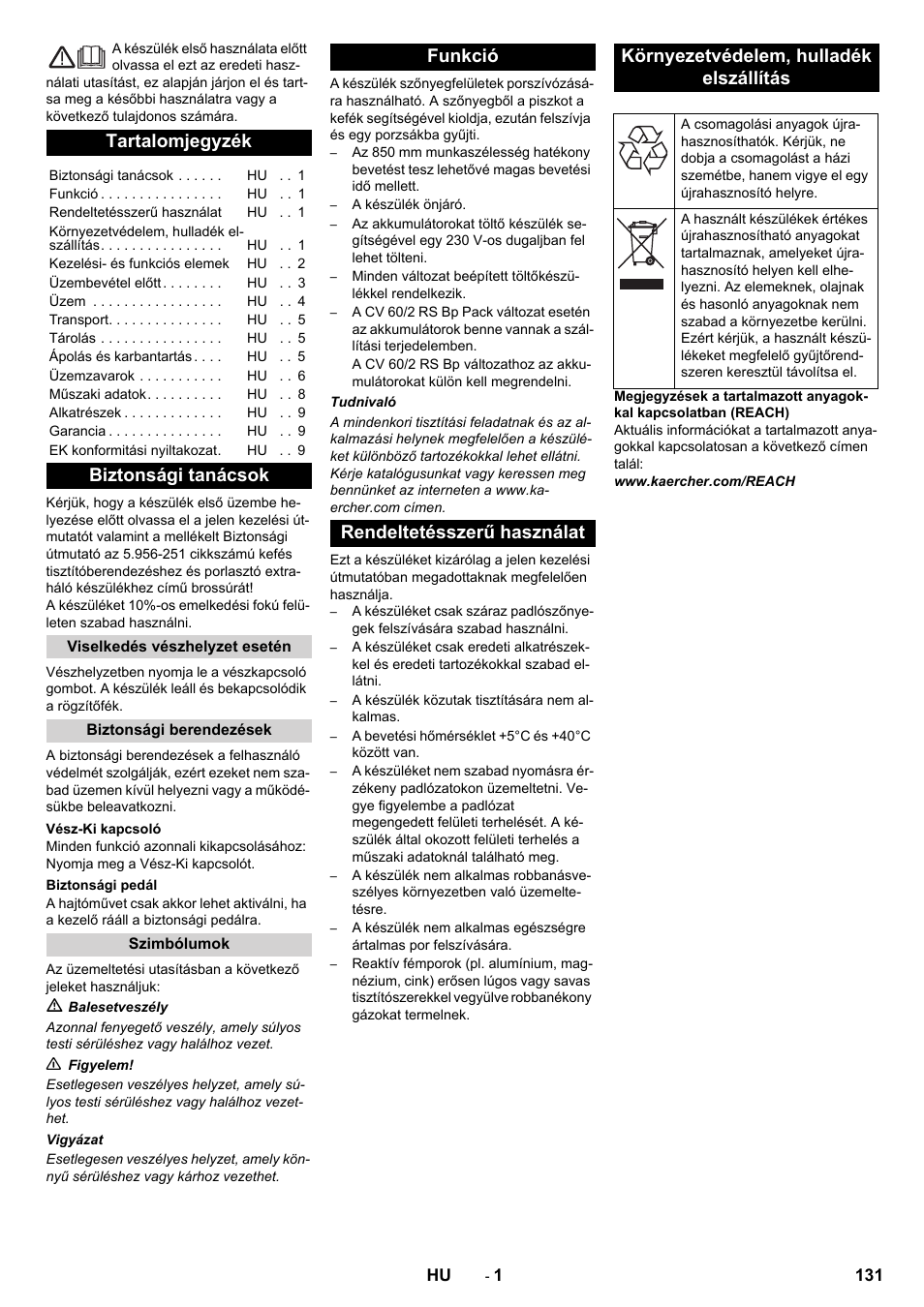 Magyar, Tartalomjegyzék, Biztonsági tanácsok | Karcher CV 60-2 RS User Manual | Page 131 / 250