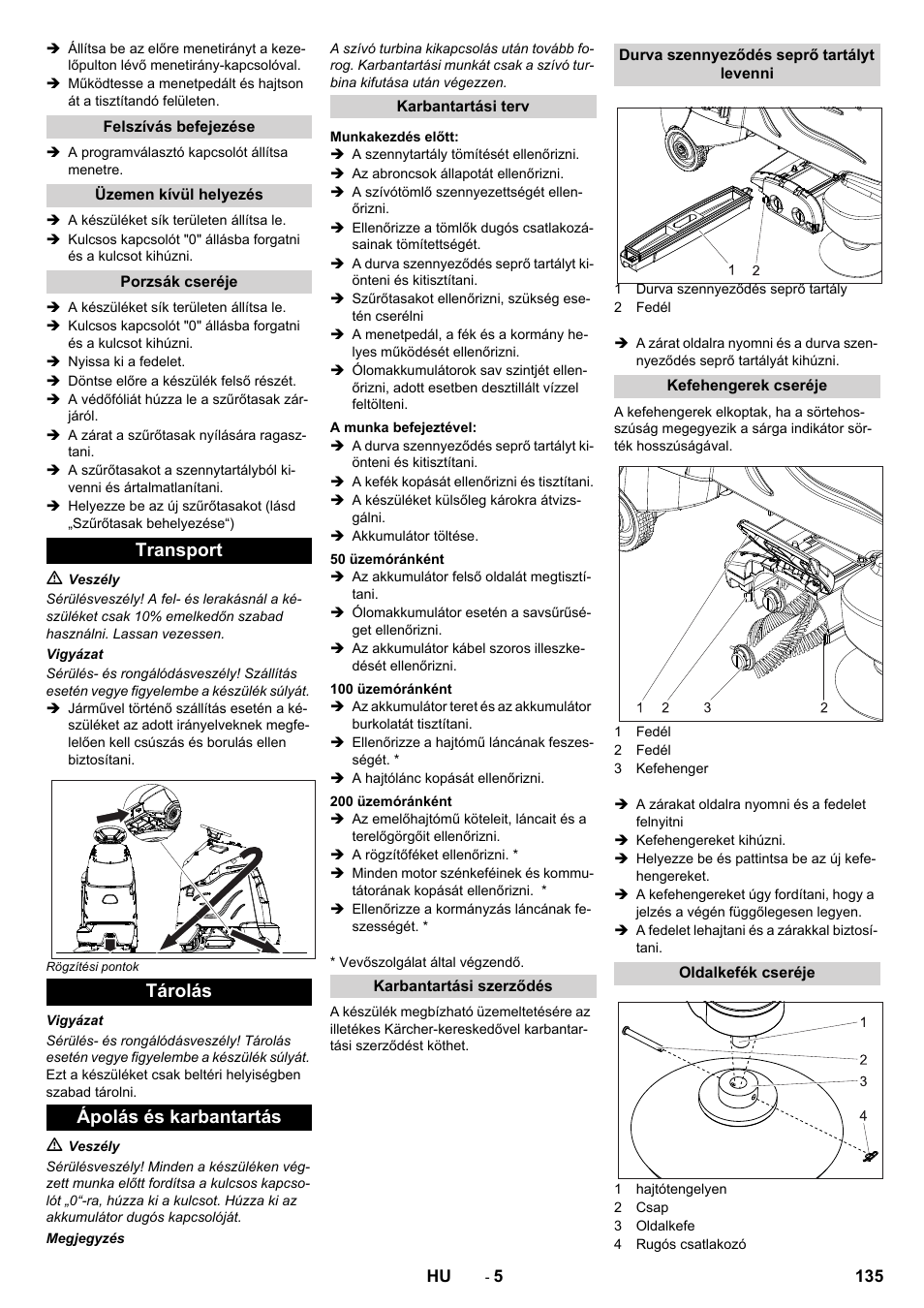 Transport tárolás ápolás és karbantartás | Karcher CV 60-2 RS User Manual | Page 135 / 250