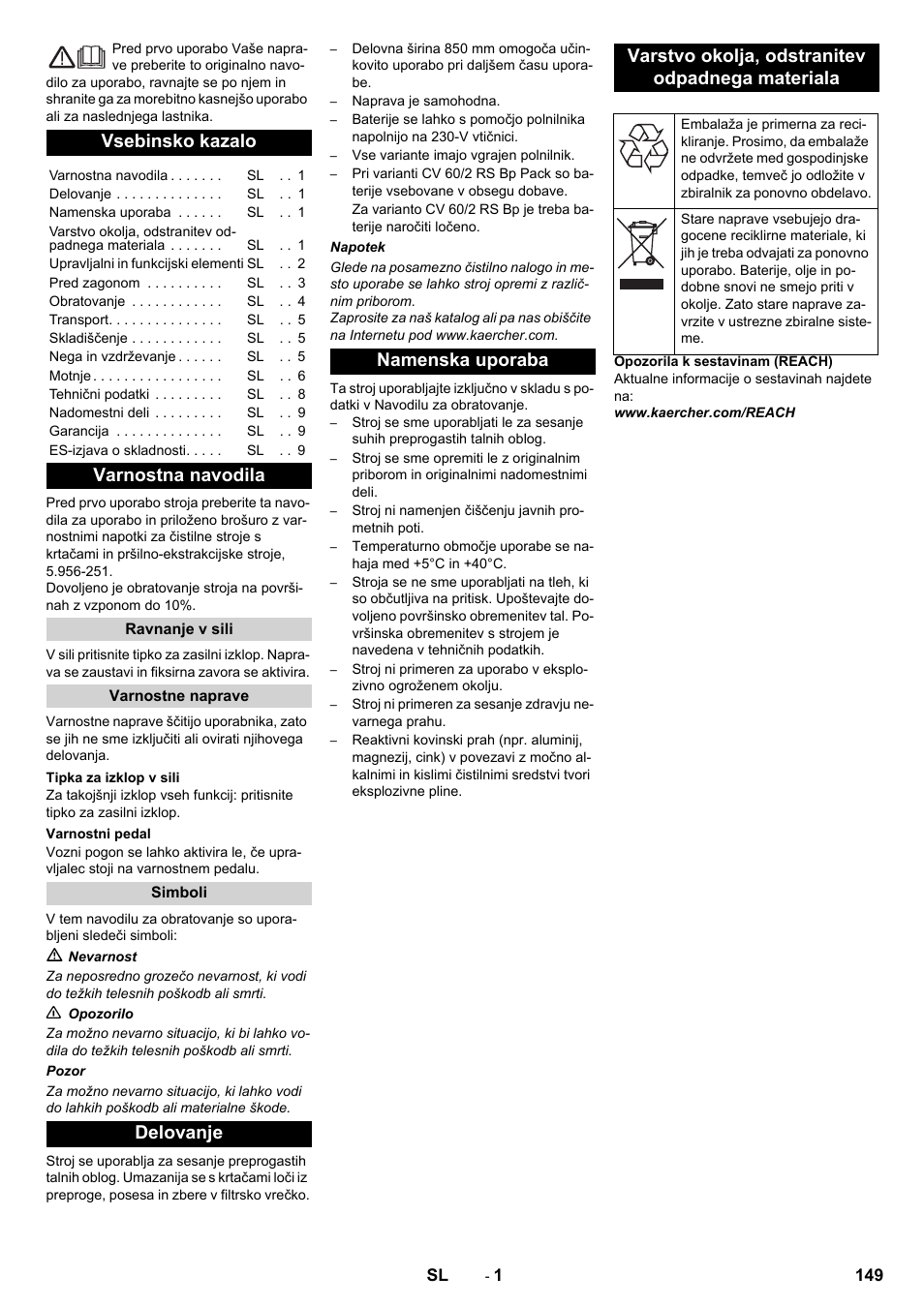 Slovenščina, Slovenšina, Vsebinsko kazalo | Varnostna navodila | Karcher CV 60-2 RS User Manual | Page 149 / 250