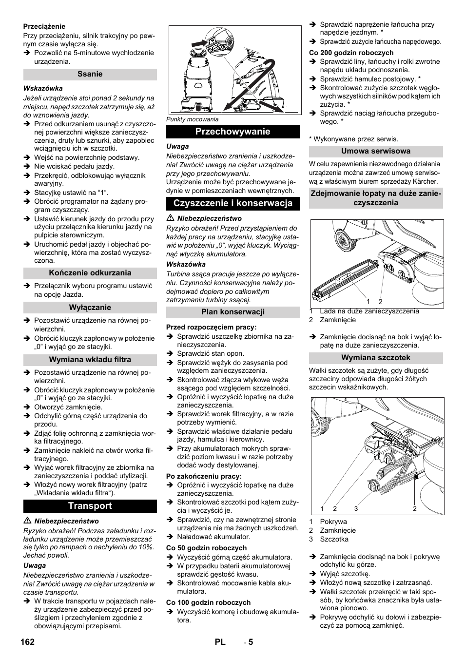 Transport przechowywanie czyszczenie i konserwacja | Karcher CV 60-2 RS User Manual | Page 162 / 250