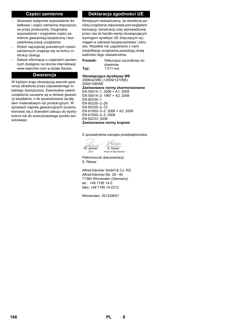 Części zamienne gwarancja deklaracja zgodności ue | Karcher CV 60-2 RS User Manual | Page 166 / 250