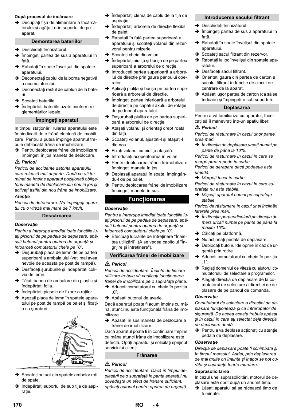 Funcţionarea | Karcher CV 60-2 RS User Manual | Page 170 / 250