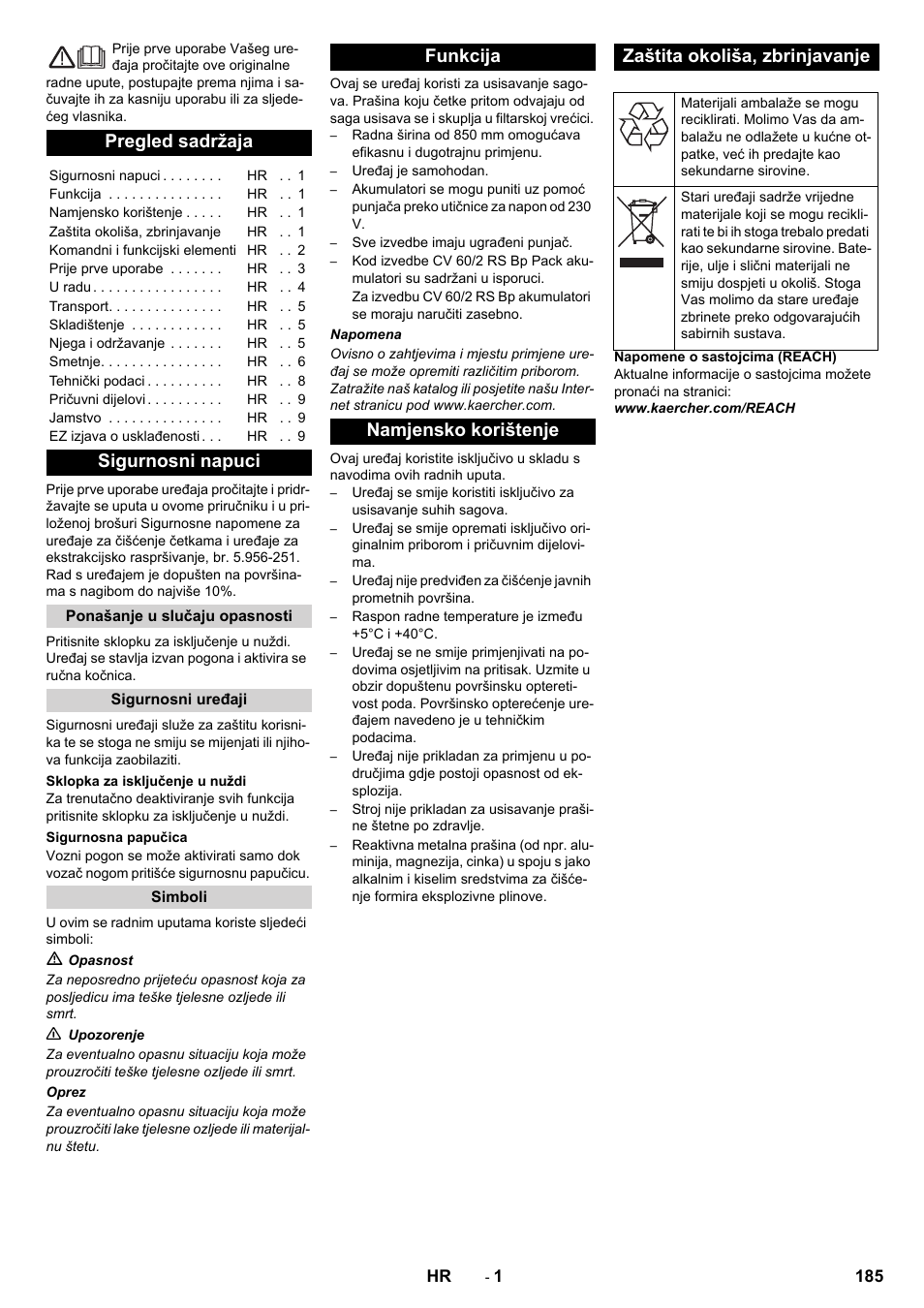 Hrvatski, Pregled sadržaja, Sigurnosni napuci | Karcher CV 60-2 RS User Manual | Page 185 / 250