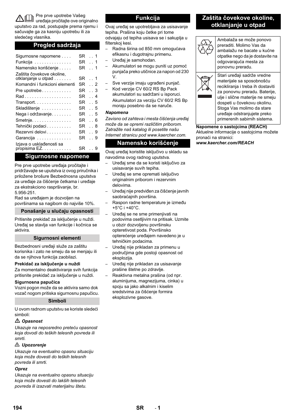 Srpski, Pregled sadržaja, Sigurnosne napomene | Karcher CV 60-2 RS User Manual | Page 194 / 250