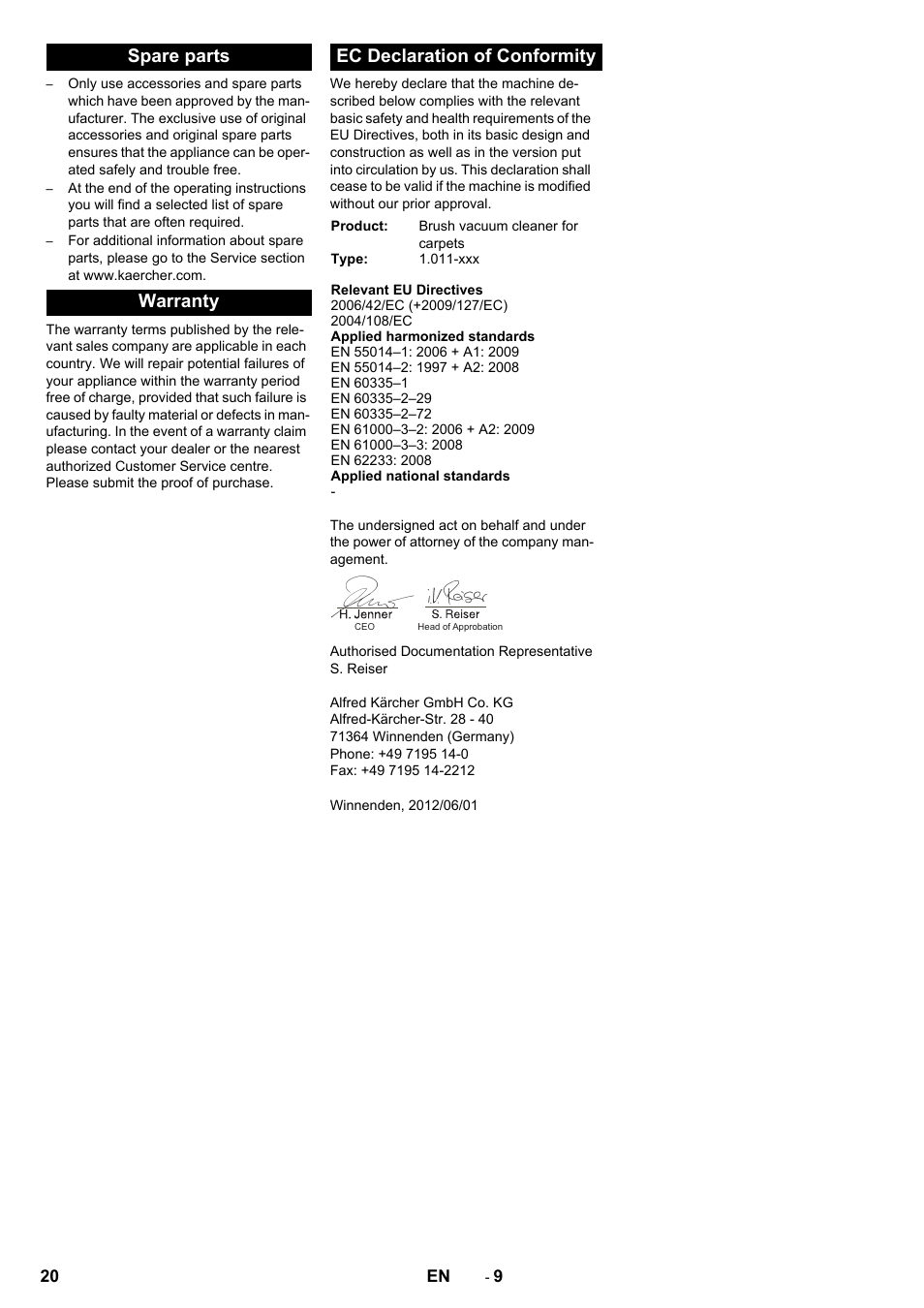 Spare parts warranty ec declaration of conformity | Karcher CV 60-2 RS User Manual | Page 20 / 250