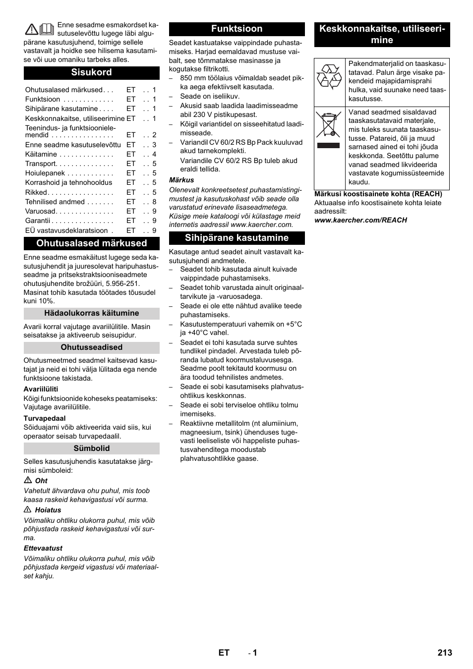 Eesti, Sisukord, Ohutusalased märkused | Karcher CV 60-2 RS User Manual | Page 213 / 250
