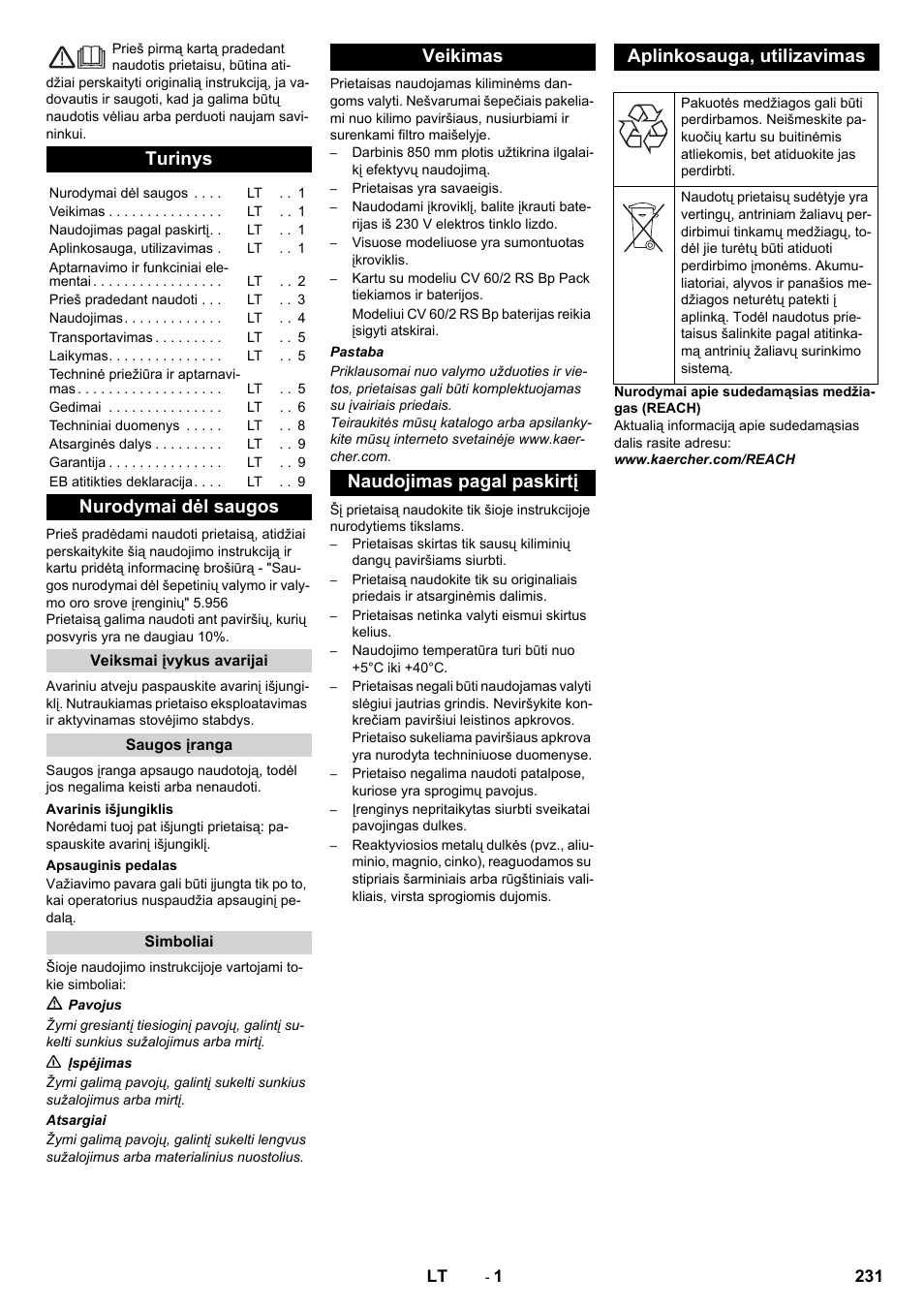 Lietuviškai, Turinys, Nurodymai dėl saugos | Karcher CV 60-2 RS User Manual | Page 231 / 250