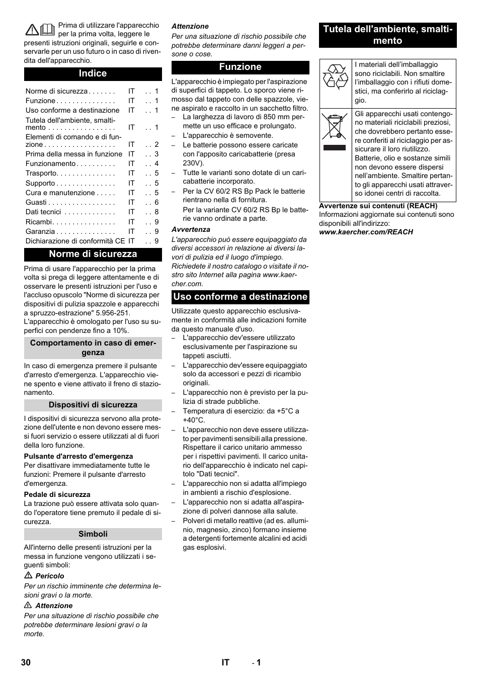 Italiano, Indice, Norme di sicurezza | Karcher CV 60-2 RS User Manual | Page 30 / 250
