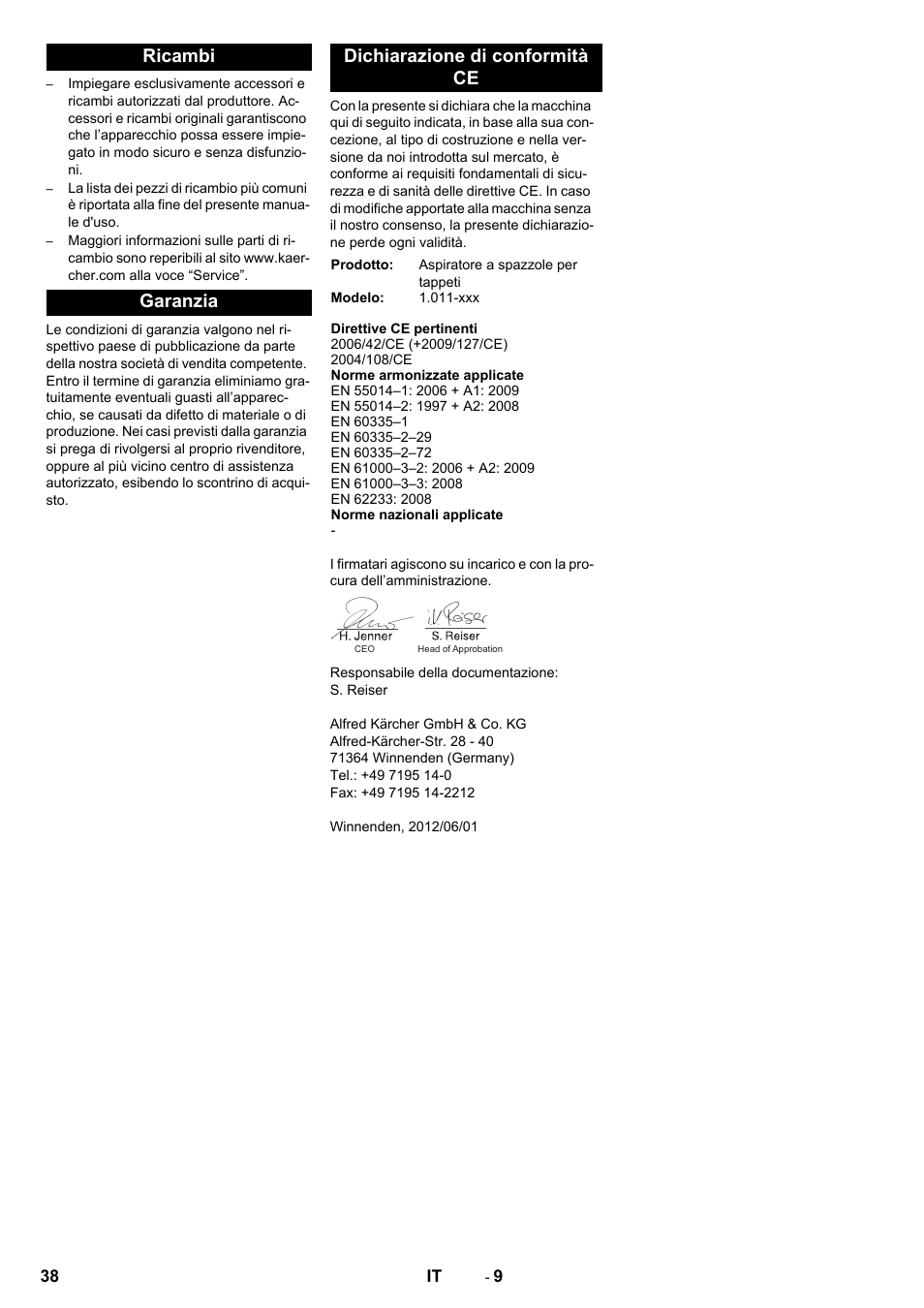 Ricambi garanzia dichiarazione di conformità ce | Karcher CV 60-2 RS User Manual | Page 38 / 250