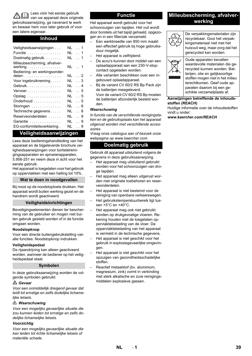 Nederlands, Inhoud, Veiligheidsaanwijzingen | Karcher CV 60-2 RS User Manual | Page 39 / 250