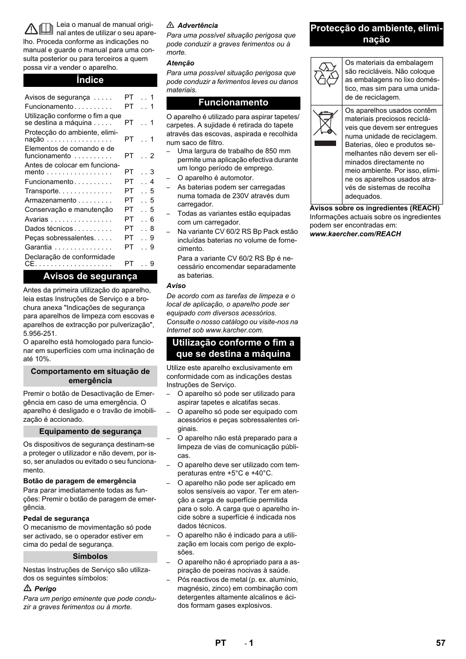 Português, Índice, Avisos de segurança | Karcher CV 60-2 RS User Manual | Page 57 / 250