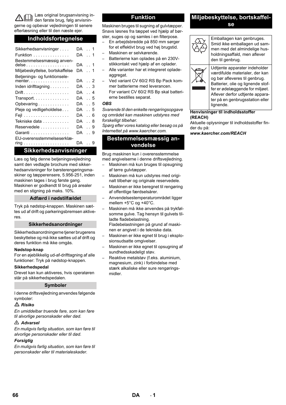 Dansk, Indholdsfortegnelse, Sikkerhedsanvisninger | Karcher CV 60-2 RS User Manual | Page 66 / 250