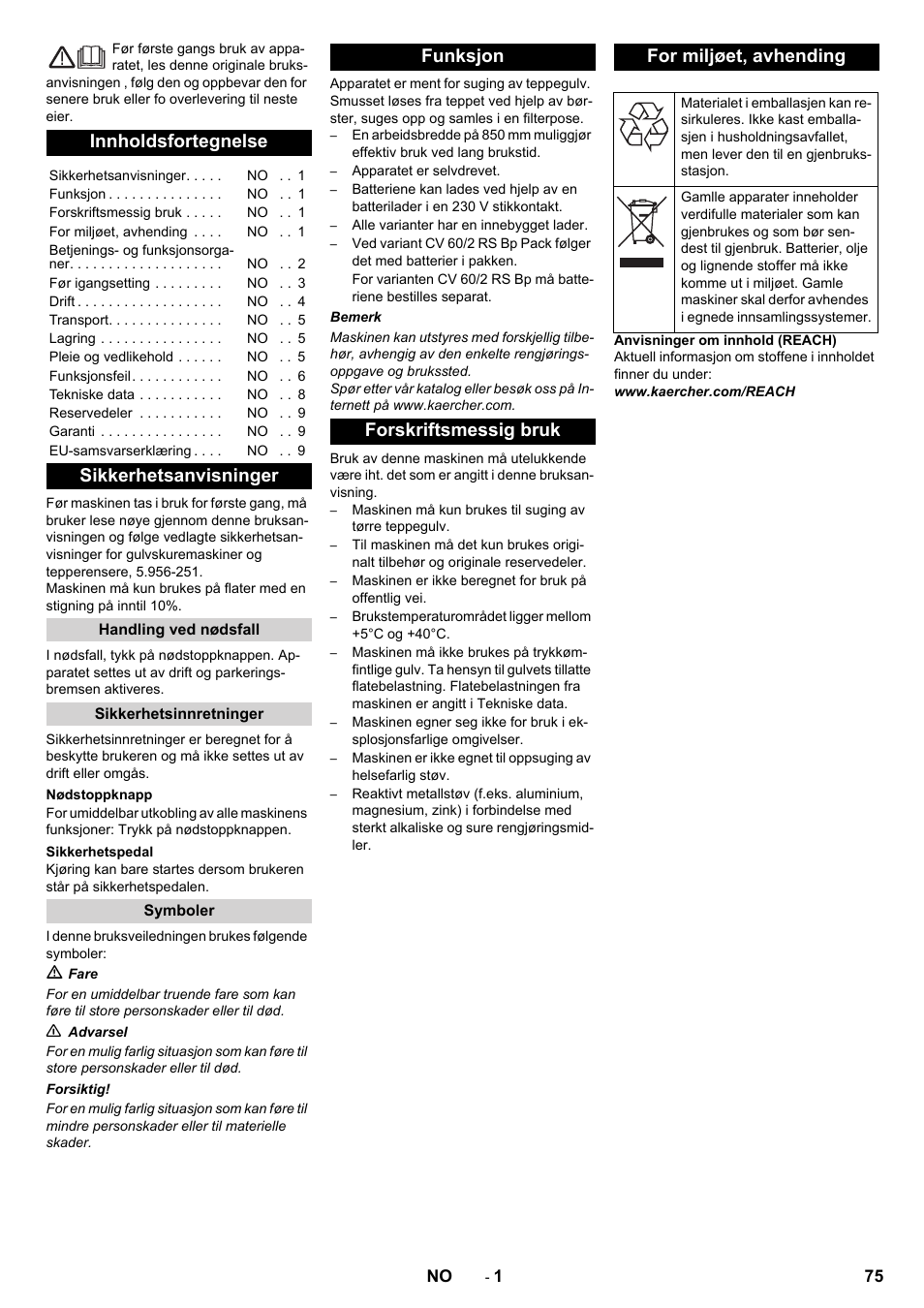 Norsk, Innholdsfortegnelse, Sikkerhetsanvisninger | Karcher CV 60-2 RS User Manual | Page 75 / 250