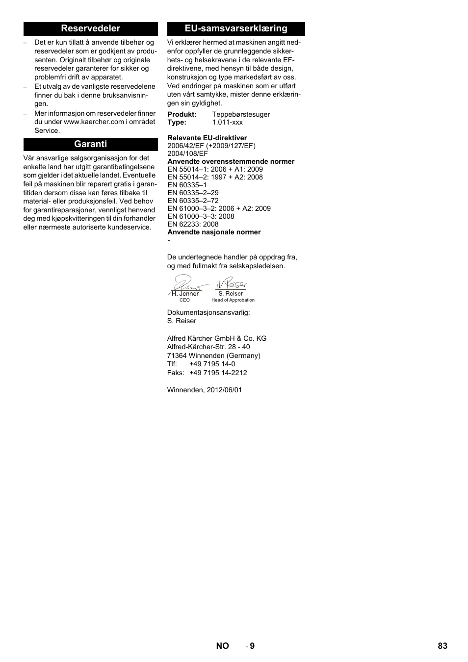 Reservedeler garanti eu-samsvarserklæring | Karcher CV 60-2 RS User Manual | Page 83 / 250
