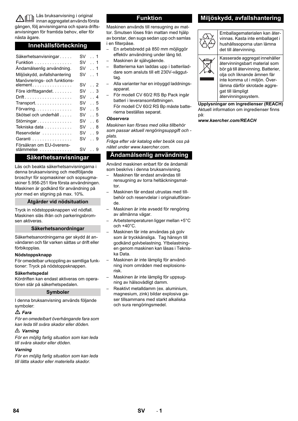 Svenska, Innehållsförteckning, Säkerhetsanvisningar | Karcher CV 60-2 RS User Manual | Page 84 / 250