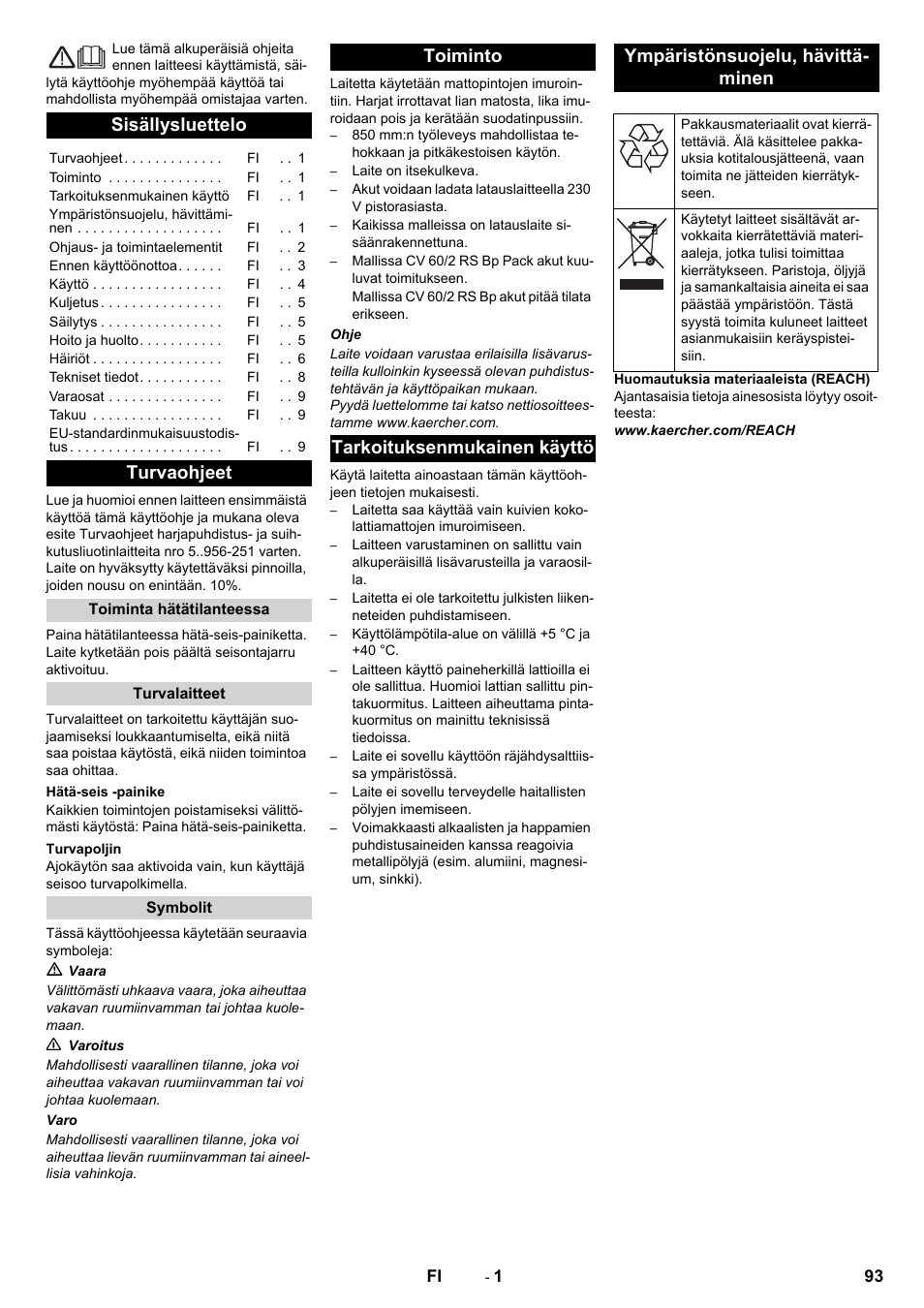 Suomi, Sisällysluettelo, Turvaohjeet | Karcher CV 60-2 RS User Manual | Page 93 / 250