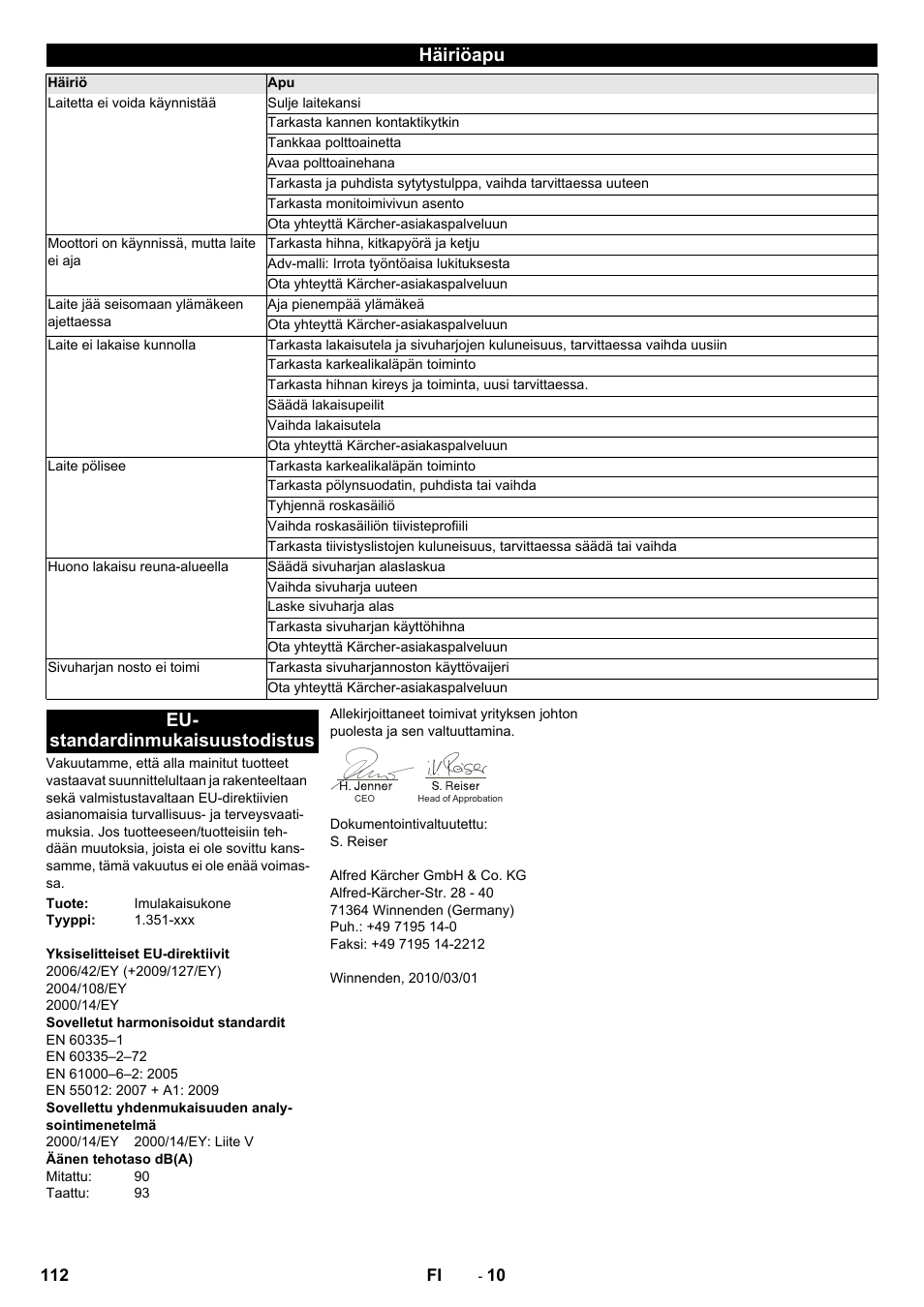 Häiriöapu, Eu- standardinmukaisuustodistus | Karcher KM 85-50 W P Adv User Manual | Page 112 / 296