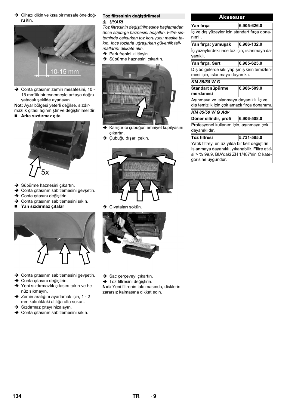 Toz filtresinin değiştirilmesi, Aksesuar | Karcher KM 85-50 W P Adv User Manual | Page 134 / 296