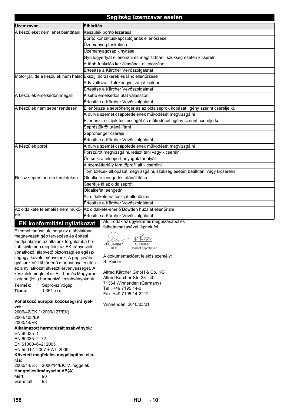 Segítség üzemzavar esetén, Ek konformitási nyilatkozat | Karcher KM 85-50 W P Adv User Manual | Page 158 / 296