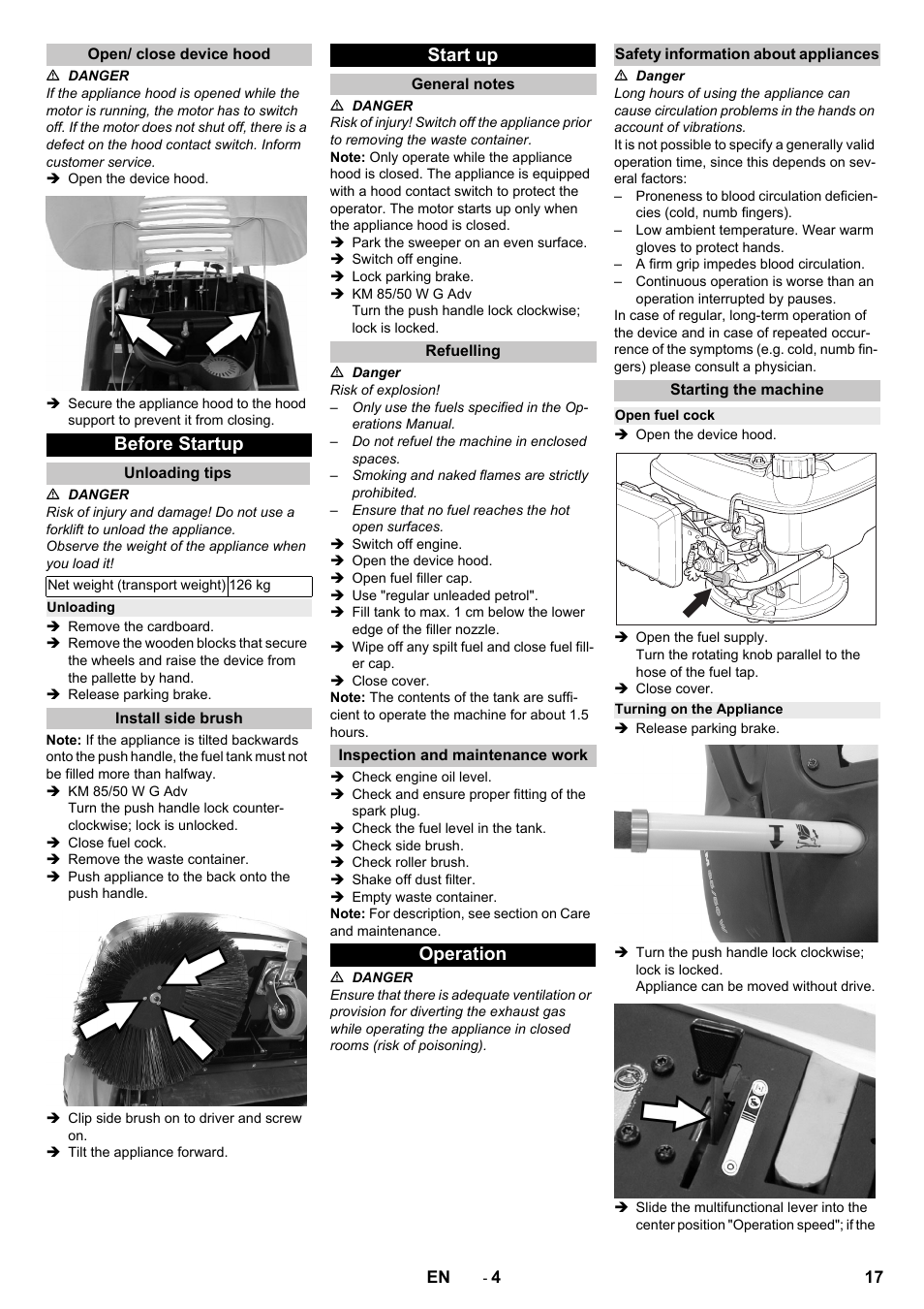 Open/ close device hood, Before startup, Unloading tips | Unloading, Install side brush, Start up, General notes, Refuelling, Inspection and maintenance work, Operation | Karcher KM 85-50 W P Adv User Manual | Page 17 / 296