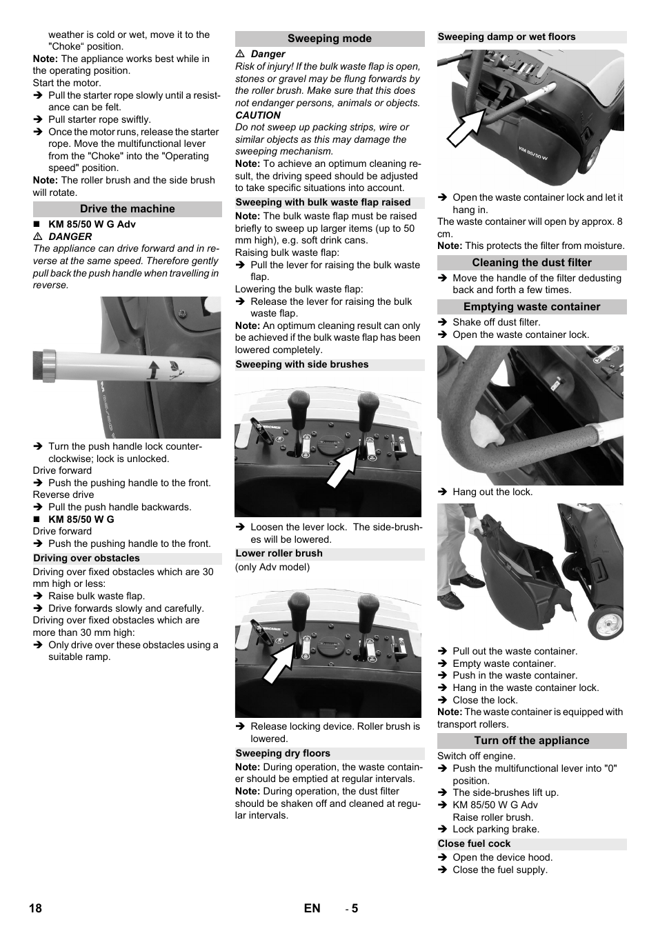 Drive the machine, Driving over obstacles, Sweeping mode | Sweeping with bulk waste flap raised, Sweeping with side brushes, Lower roller brush, Sweeping dry floors, Sweeping damp or wet floors, Cleaning the dust filter, Emptying waste container | Karcher KM 85-50 W P Adv User Manual | Page 18 / 296