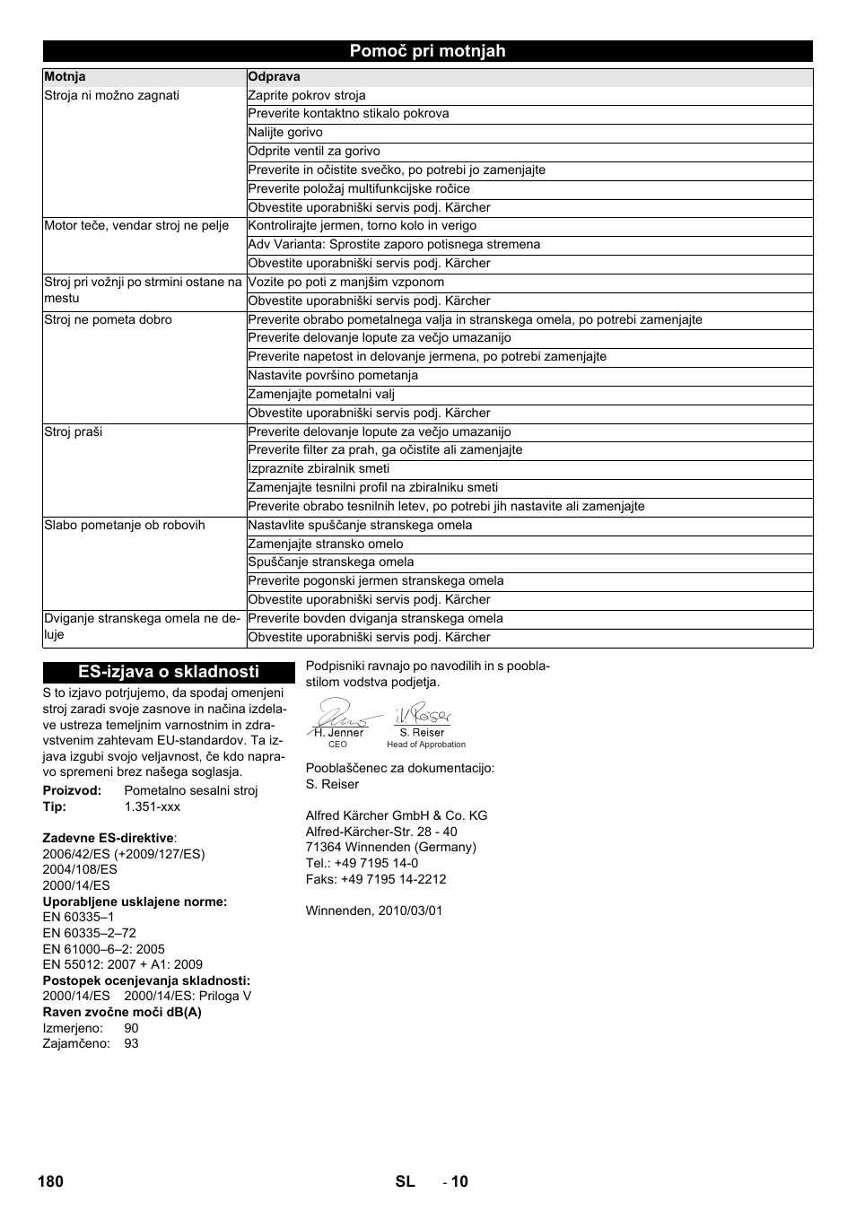 Pomoč pri motnjah, Es-izjava o skladnosti | Karcher KM 85-50 W P Adv User Manual | Page 180 / 296