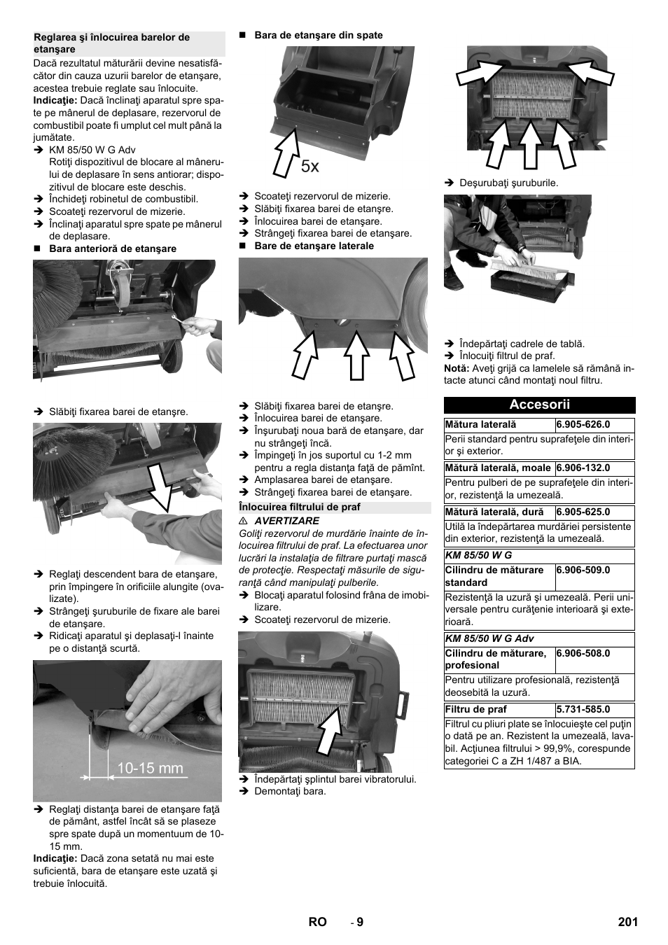 Reglarea şi înlocuirea barelor de etanşare, Înlocuirea filtrului de praf, Accesorii | Karcher KM 85-50 W P Adv User Manual | Page 201 / 296