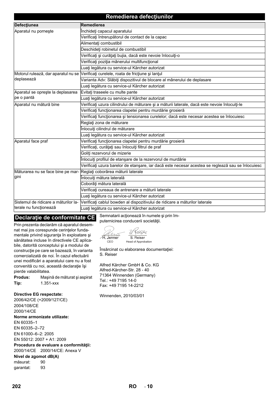 Remedierea defecţiunilor, Declaraţie de conformitate ce | Karcher KM 85-50 W P Adv User Manual | Page 202 / 296