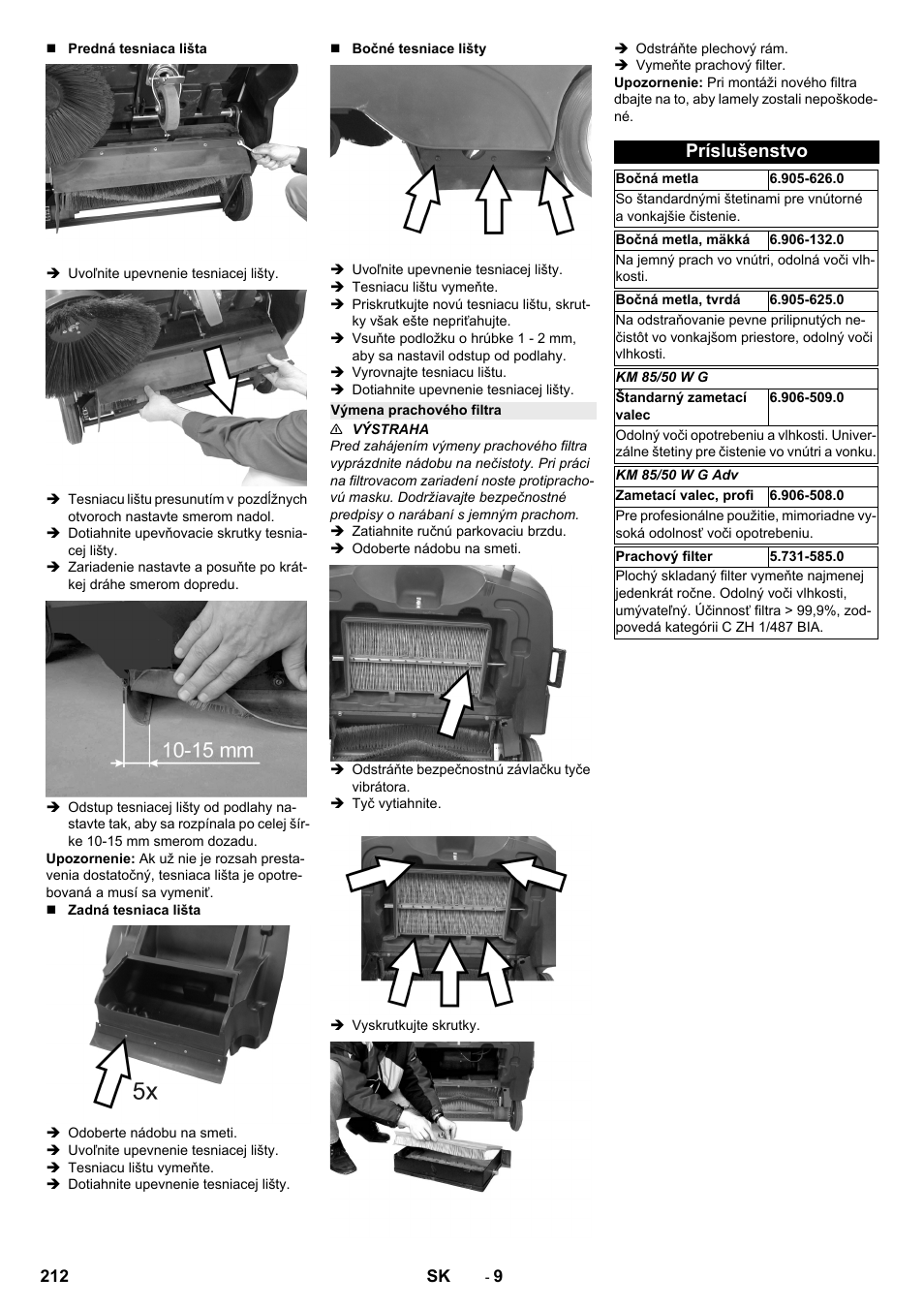 Výmena prachového filtra, Príslušenstvo | Karcher KM 85-50 W P Adv User Manual | Page 212 / 296