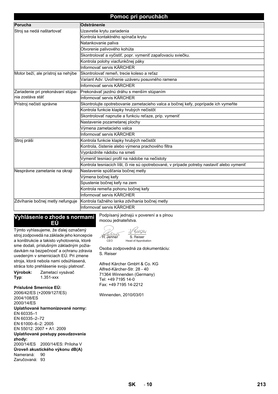 Pomoc pri poruchách, Vyhlásenie o zhode s normami eú | Karcher KM 85-50 W P Adv User Manual | Page 213 / 296