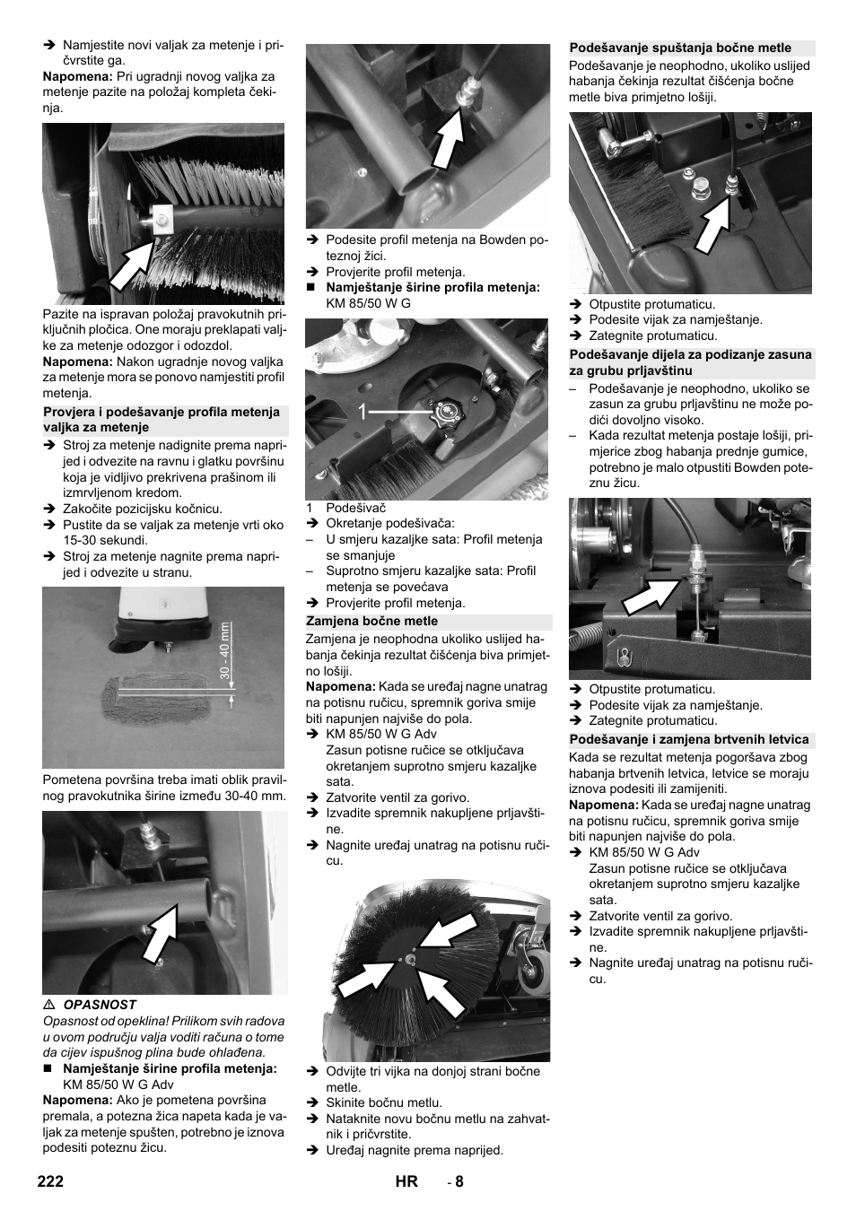 Zamjena bočne metle, Podešavanje spuštanja bočne metle, Podešavanje i zamjena brtvenih letvica | Karcher KM 85-50 W P Adv User Manual | Page 222 / 296