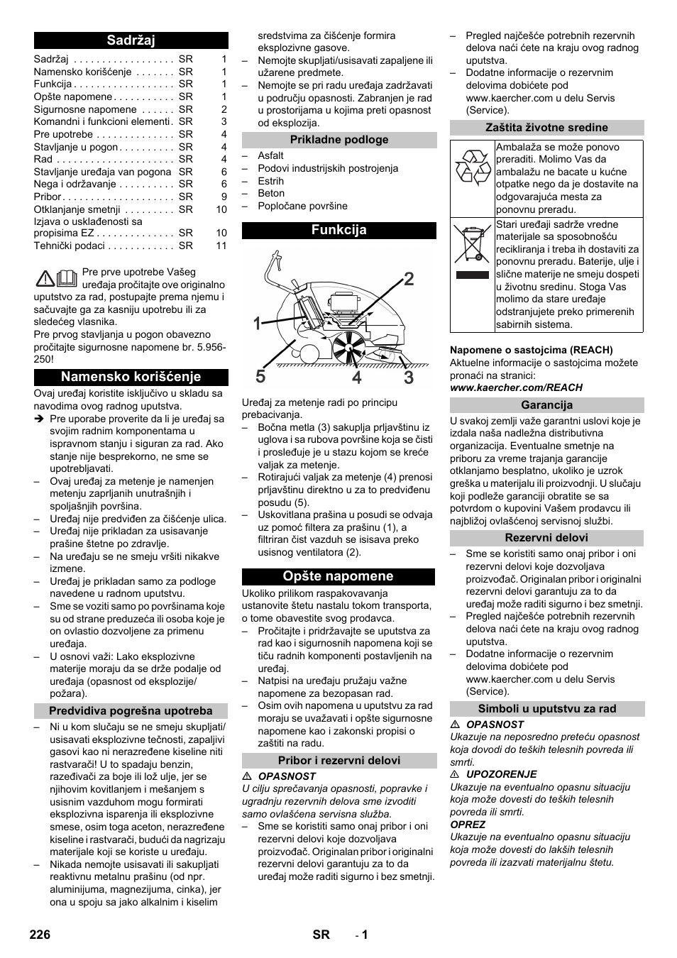 Srpski, Sadržaj, Namensko korišćenje | Predvidiva pogrešna upotreba, Prikladne podloge, Funkcija, Opšte napomene, Pribor i rezervni delovi, Zaštita životne sredine, Garancija | Karcher KM 85-50 W P Adv User Manual | Page 226 / 296