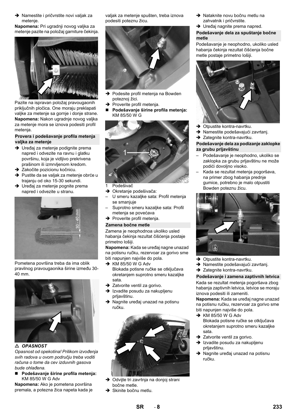 Zamena bočne metle, Podešavanje dela za spuštanje bočne metle, Podešavanje i zamena zaptivnih letvica | Karcher KM 85-50 W P Adv User Manual | Page 233 / 296