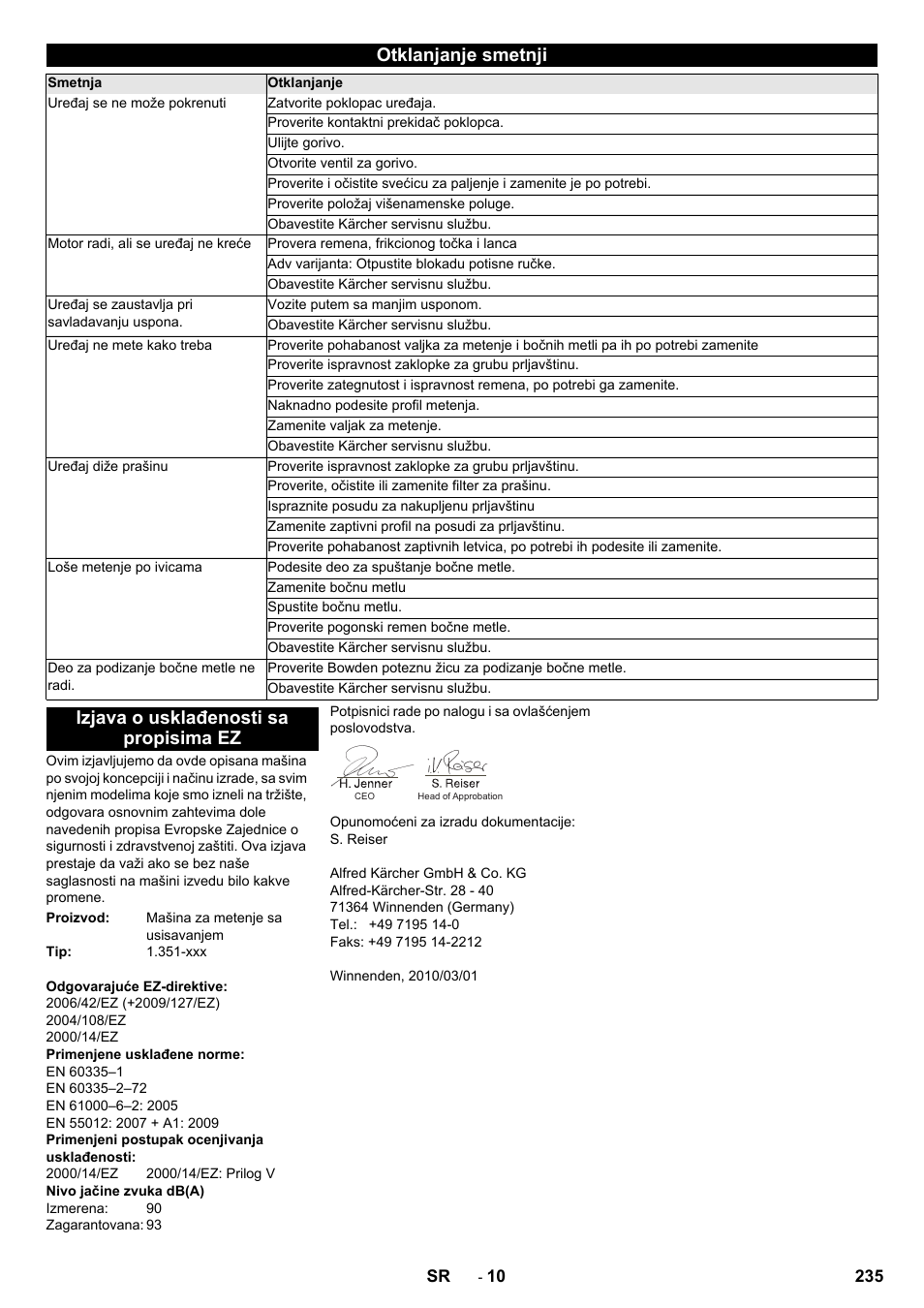 Otklanjanje smetnji, Izjava o usklađenosti sa propisima ez | Karcher KM 85-50 W P Adv User Manual | Page 235 / 296