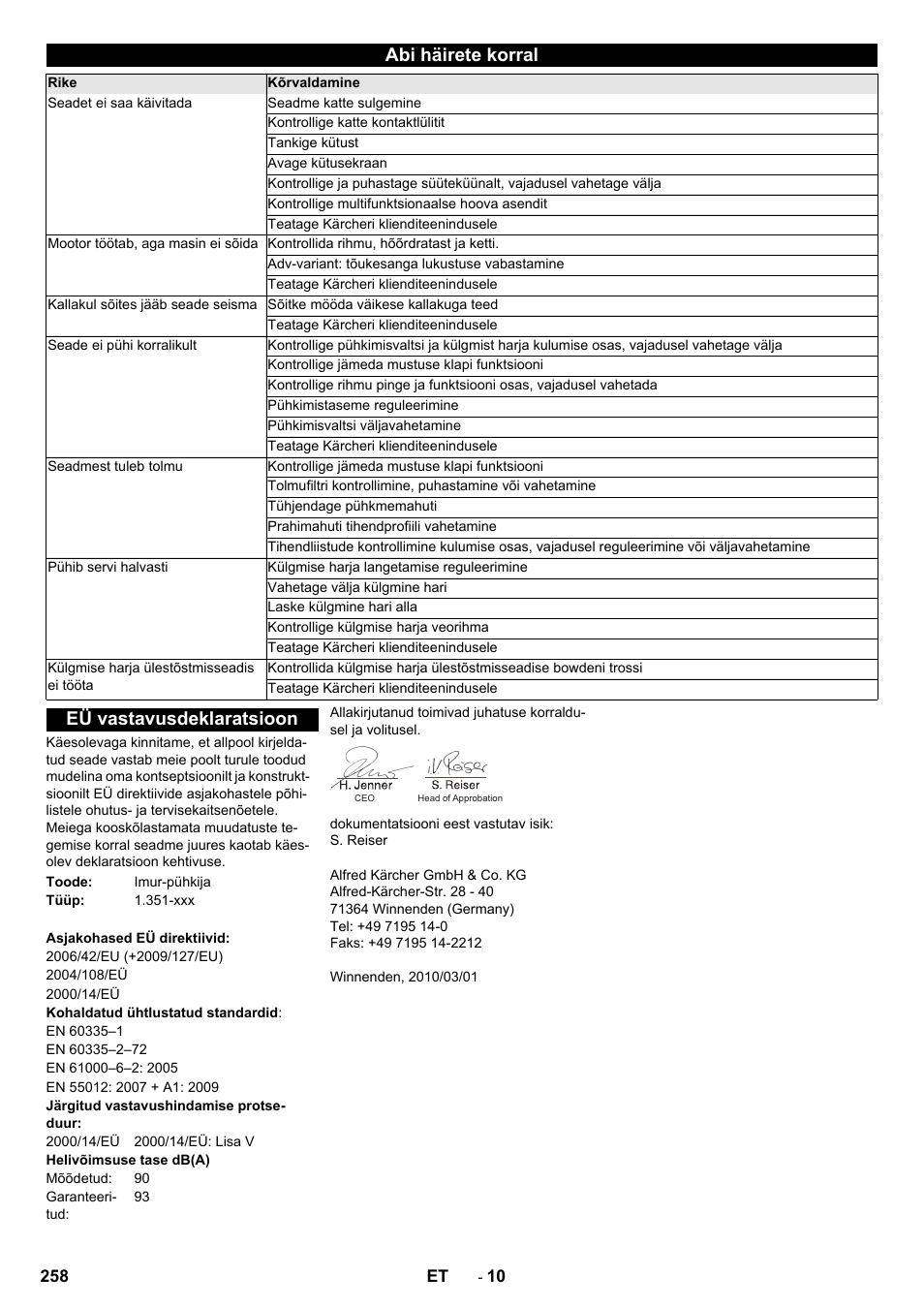 Abi häirete korral, Eü vastavusdeklaratsioon | Karcher KM 85-50 W P Adv User Manual | Page 258 / 296