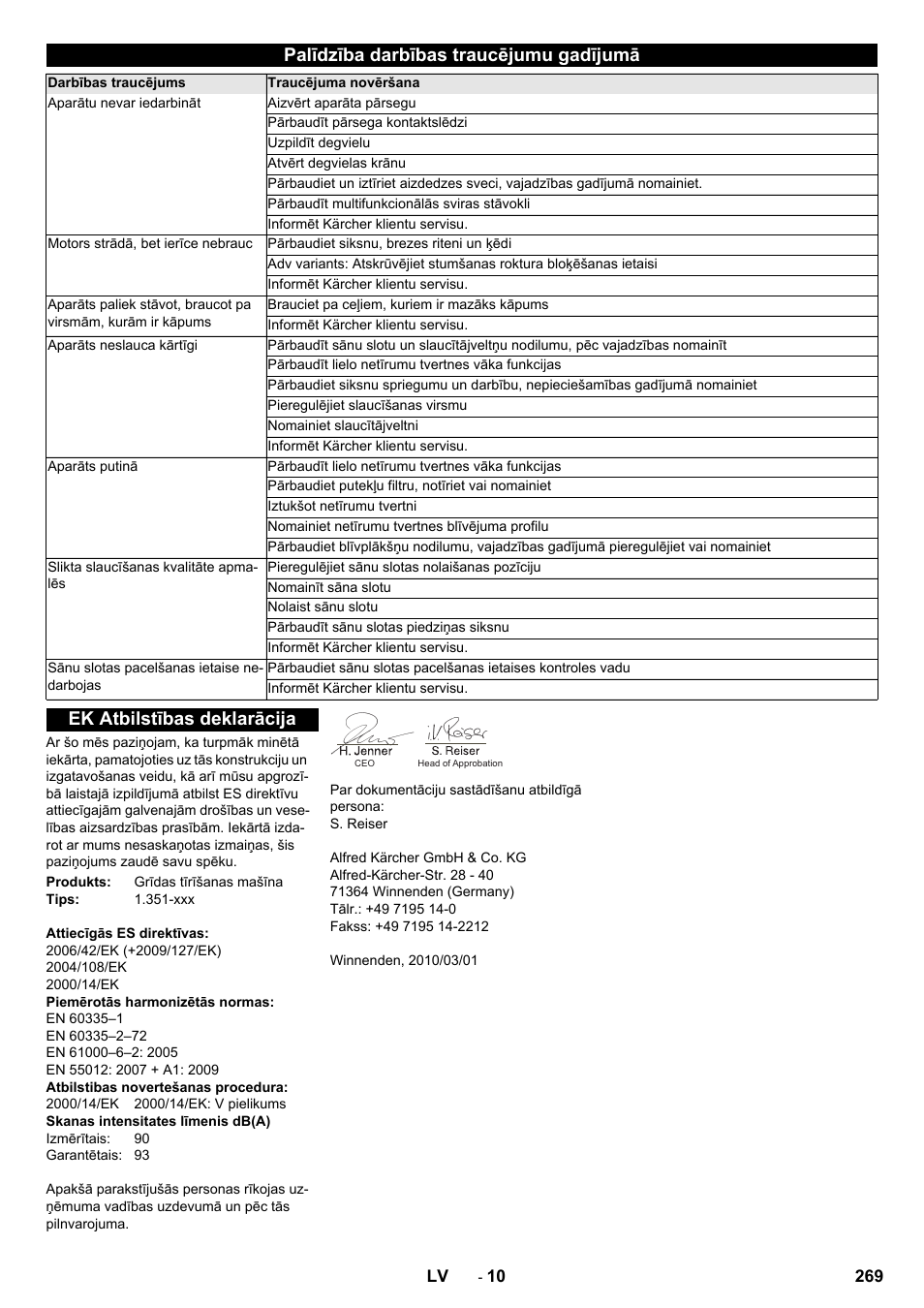 Palīdzība darbības traucējumu gadījumā, Ek atbilstības deklarācija | Karcher KM 85-50 W P Adv User Manual | Page 269 / 296