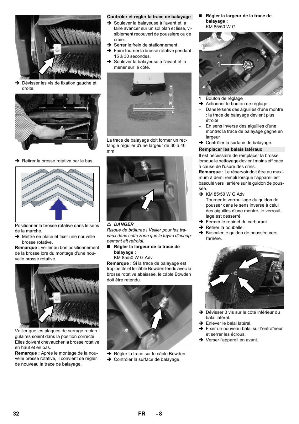 Contrôler et régler la trace de balayage, Remplacer les balais latéraux | Karcher KM 85-50 W P Adv User Manual | Page 32 / 296