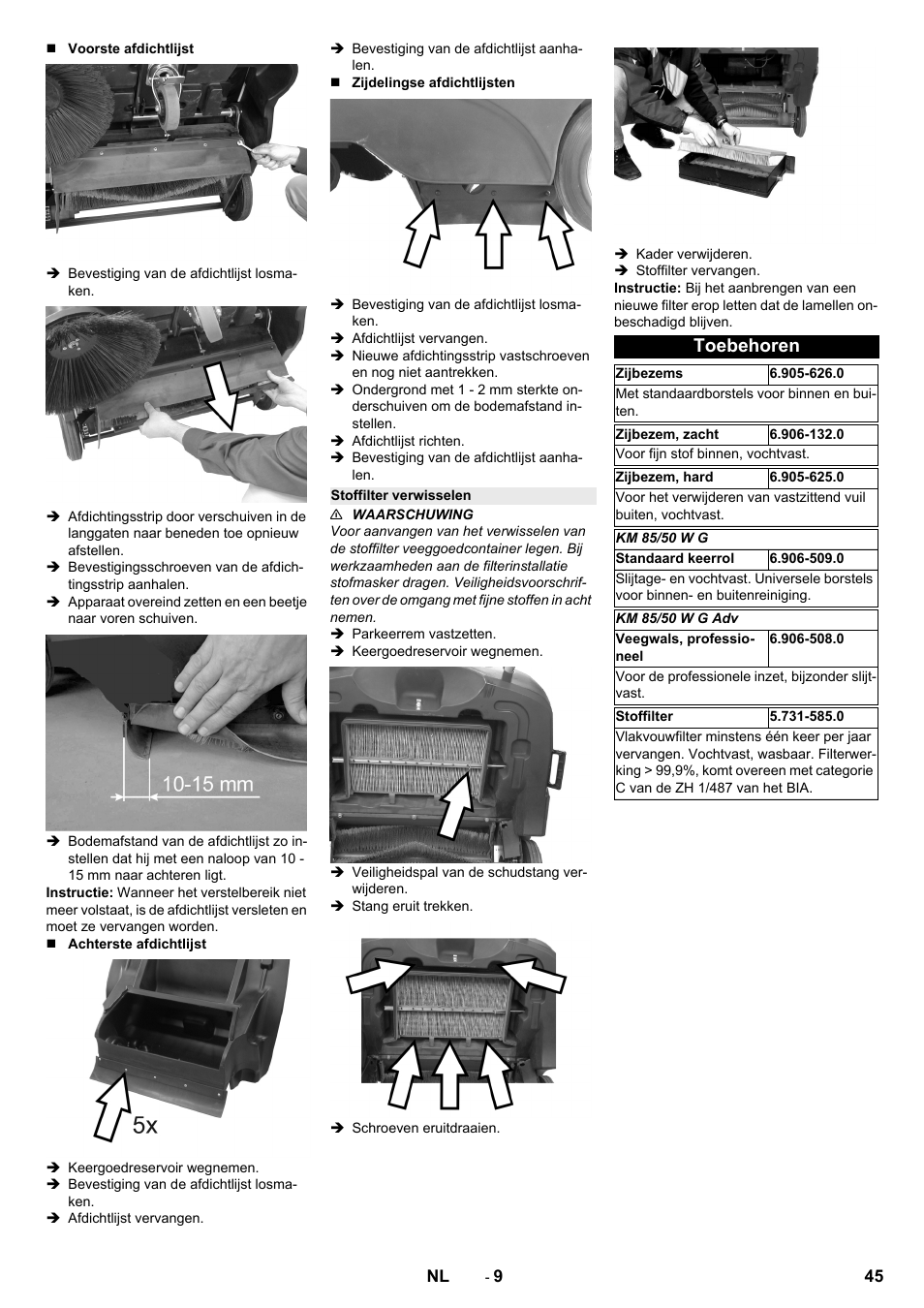 Stoffilter verwisselen, Toebehoren | Karcher KM 85-50 W P Adv User Manual | Page 45 / 296