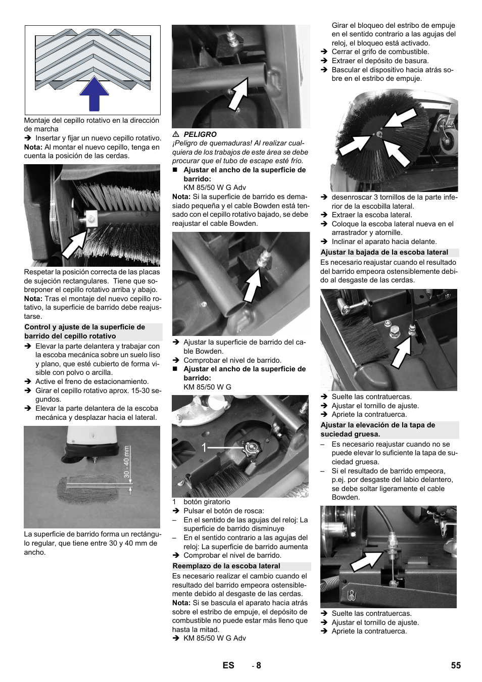 Reemplazo de la escoba lateral, Ajustar la bajada de la escoba lateral, Ajustar la elevación de la tapa de suciedad gruesa | Karcher KM 85-50 W P Adv User Manual | Page 55 / 296