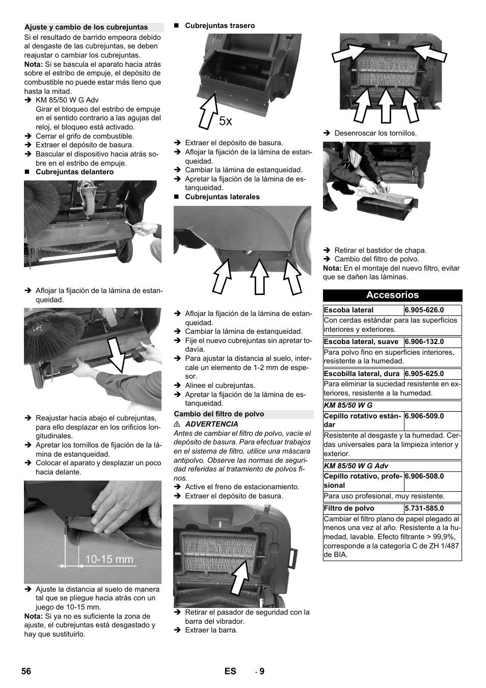 Ajuste y cambio de los cubrejuntas, Cambio del filtro de polvo, Accesorios | Karcher KM 85-50 W P Adv User Manual | Page 56 / 296