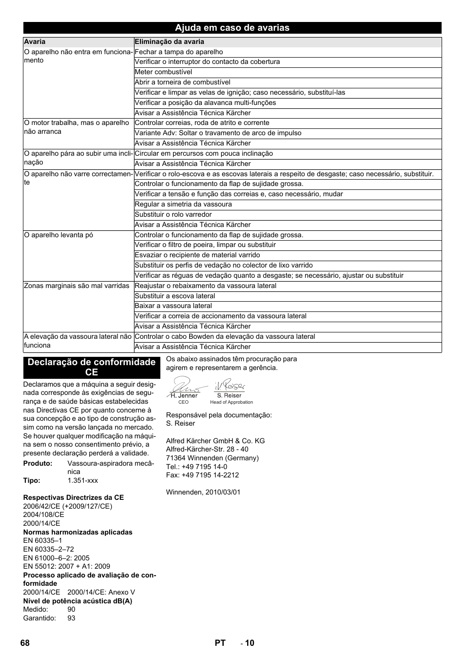 Ajuda em caso de avarias, Declaração de conformidade ce | Karcher KM 85-50 W P Adv User Manual | Page 68 / 296