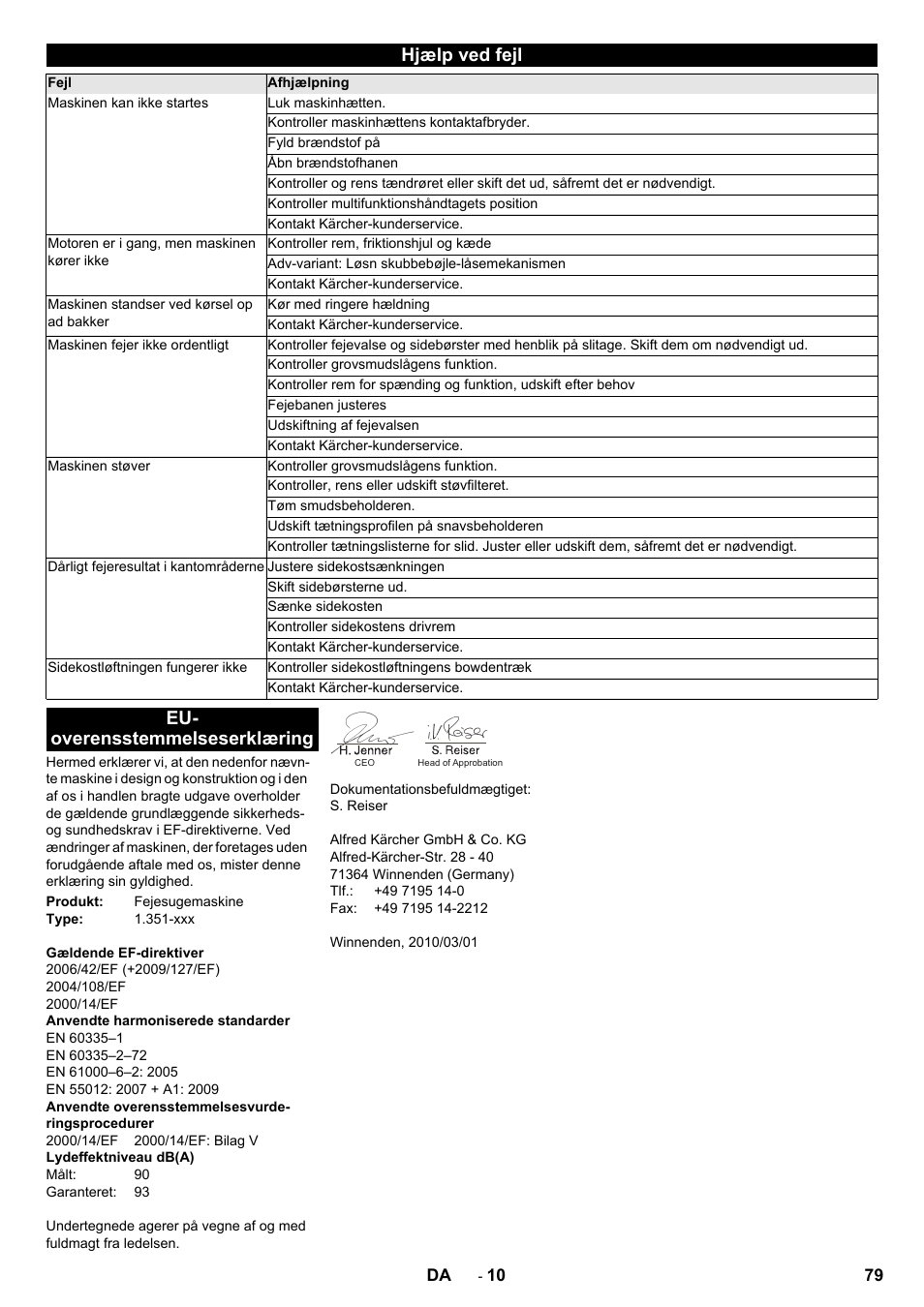 Hjælp ved fejl, Eu- overensstemmelseserklæring | Karcher KM 85-50 W P Adv User Manual | Page 79 / 296