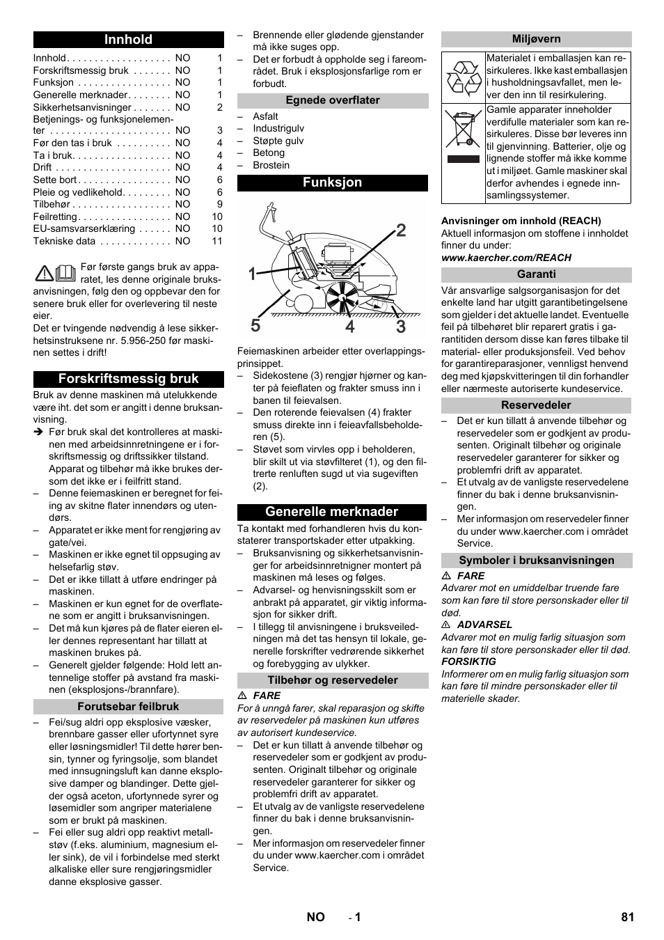 Norsk, Innhold, Forskriftsmessig bruk | Forutsebar feilbruk, Egnede overflater, Funksjon, Generelle merknader, Tilbehør og reservedeler, Miljøvern, Garanti | Karcher KM 85-50 W P Adv User Manual | Page 81 / 296