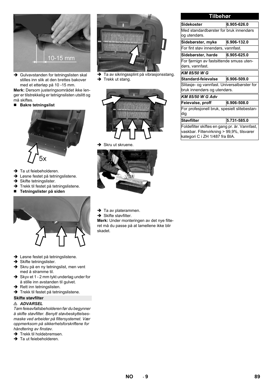 Skifte støvfilter, Tilbehør | Karcher KM 85-50 W P Adv User Manual | Page 89 / 296