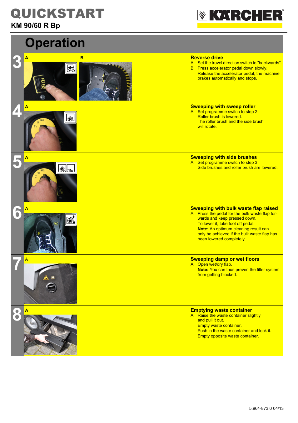 Tabellenreihe, Grafik, Reverse drive | A set the travel direction switch to "backwards, B press accelerator pedal down slowly, Sweeping with sweep roller, Sweeping with side brushes, Sweeping with bulk waste flap raised, To lower it, take foot off pedal, Note | Karcher KM 90-60 R Bp Advanced User Manual | Page 2 / 5