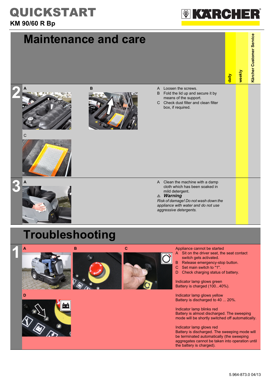 Tabellenreihe, Grafik, A loosen the screws | N warning, Tabelle, Tabellenkopfzeile, Troubleshooting, Tabellenhaupttext, Appliance cannot be started, B release emergency-stop button | Karcher KM 90-60 R Bp Advanced User Manual | Page 4 / 5